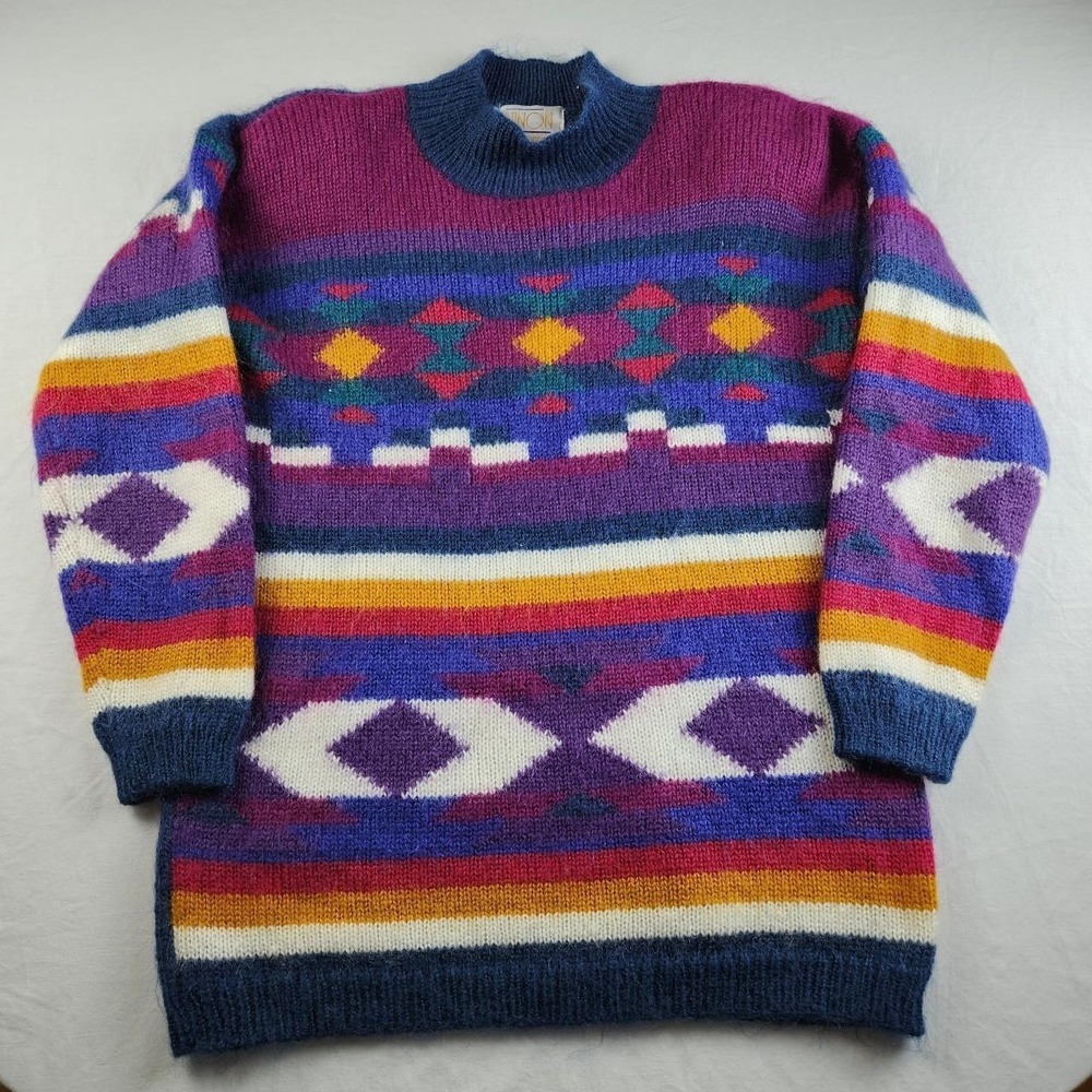 Ninon de Lenclos Vintage 80s 90s Mohair Blend Geometric Knit Sweater Womens S